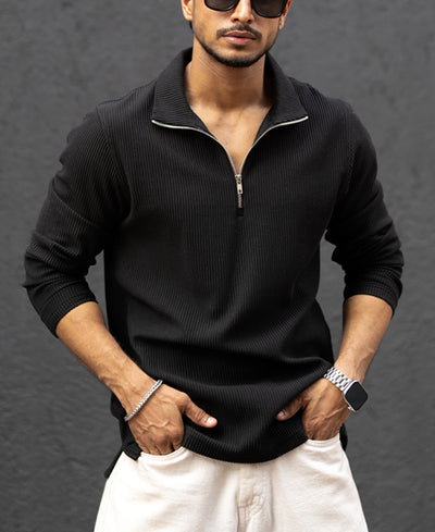 Black Structured Full Sleeves Regular Fit T-Shirt
