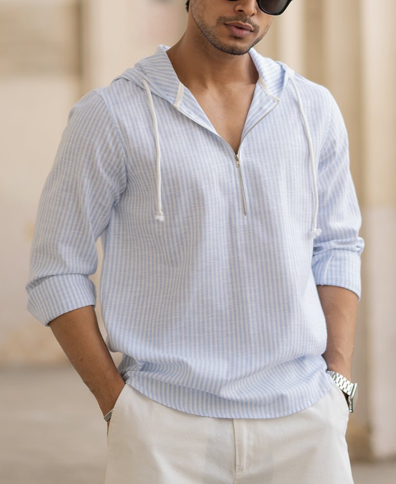 Light Blue Striped Hooded Shirt