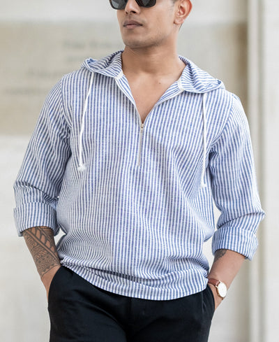 Navy Striped Hooded Shirt