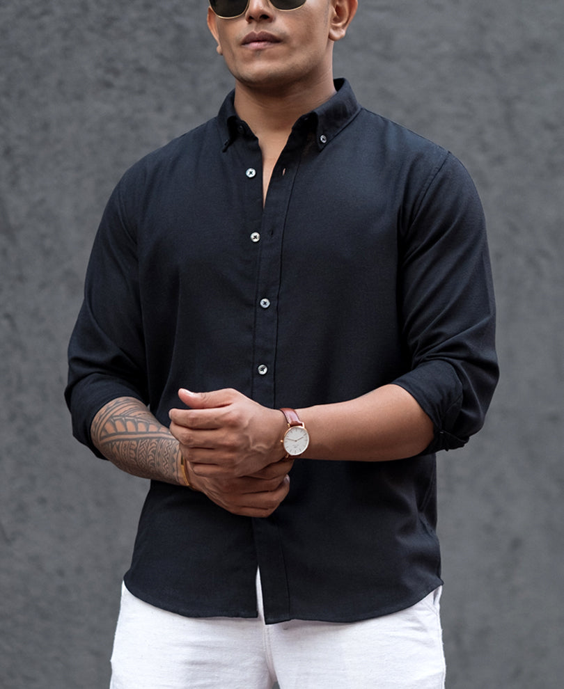 Black Plain Regular Fit Full Sleeves Shirt