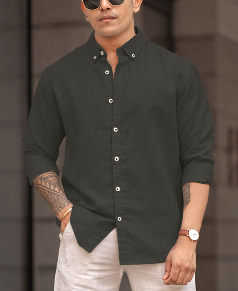 Olive Green Regular Plain Fit Full Sleeves