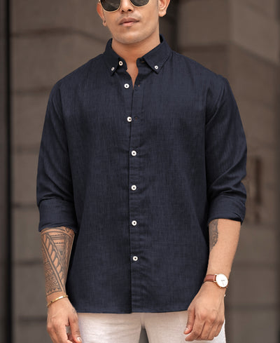Navy Blue Plain Regular Fit Full Sleeves Shirt