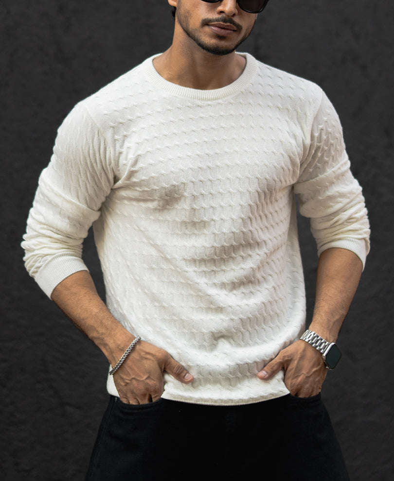 White Flat Knit Regular Fit Full Sleeves T-Shirt