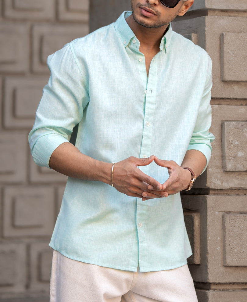 Light Green Plain Regular Fit Full Sleeves Shirt