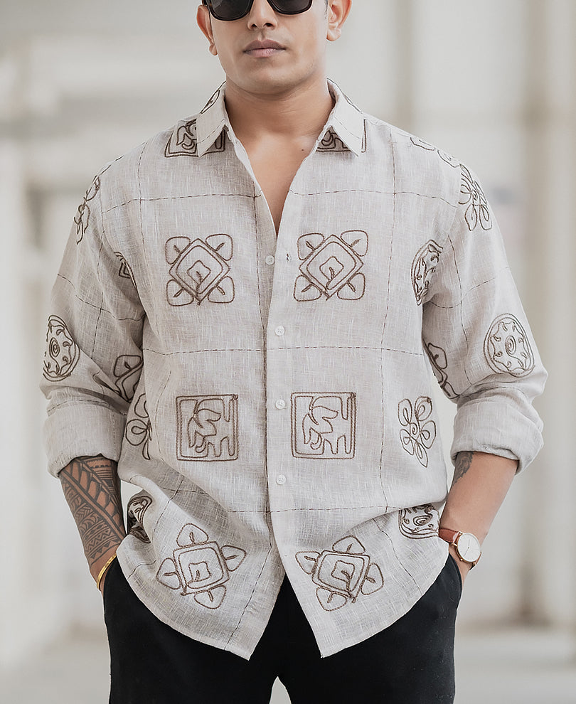 Green Embroidered Natural Shirt
