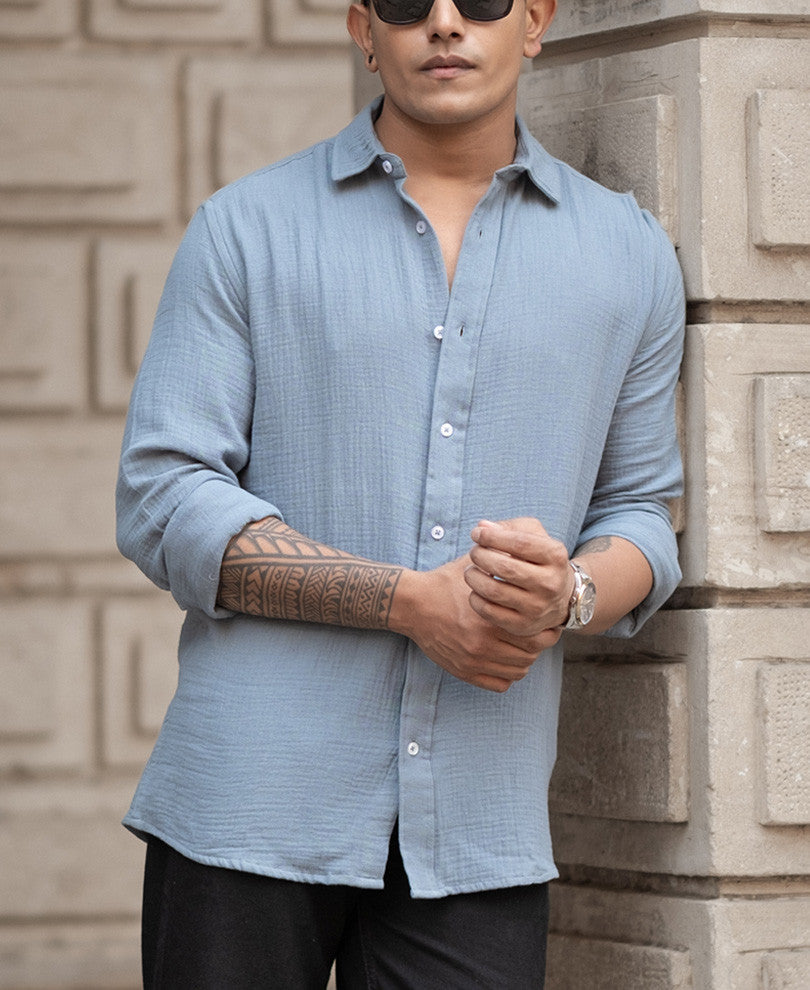 Grey Crinkled Regular Fit Full Sleeves Shirt