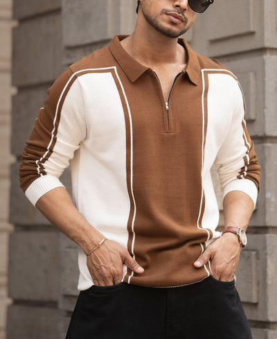 Brown-White Colour Blocked Polo T-Shirt