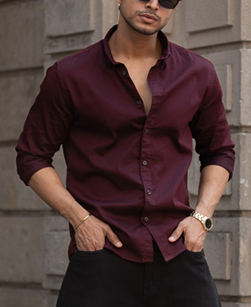 Basic Wine Regular Fit Full Sleeves Shirt