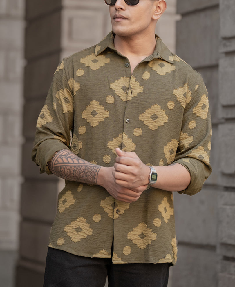 Olive Geometric Jacquard Shirt.