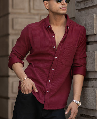 Maroon Corduroy Regular Full Sleeves Shirt