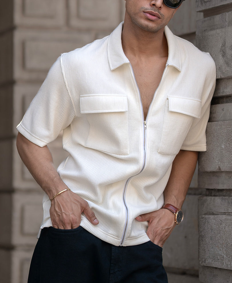 Light Fawn Corduroy Oversized Half Sleeves Shirt