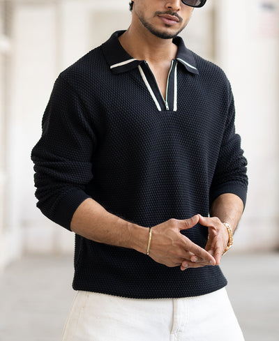 Black Structured Full Sleeves Regular Fit Collar T-Shirt