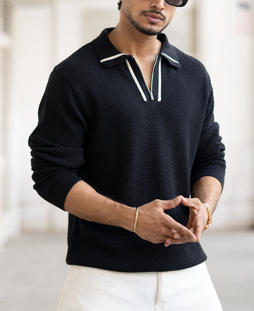 Black Structured Full Sleeves Regular Fit Collar T-Shirt