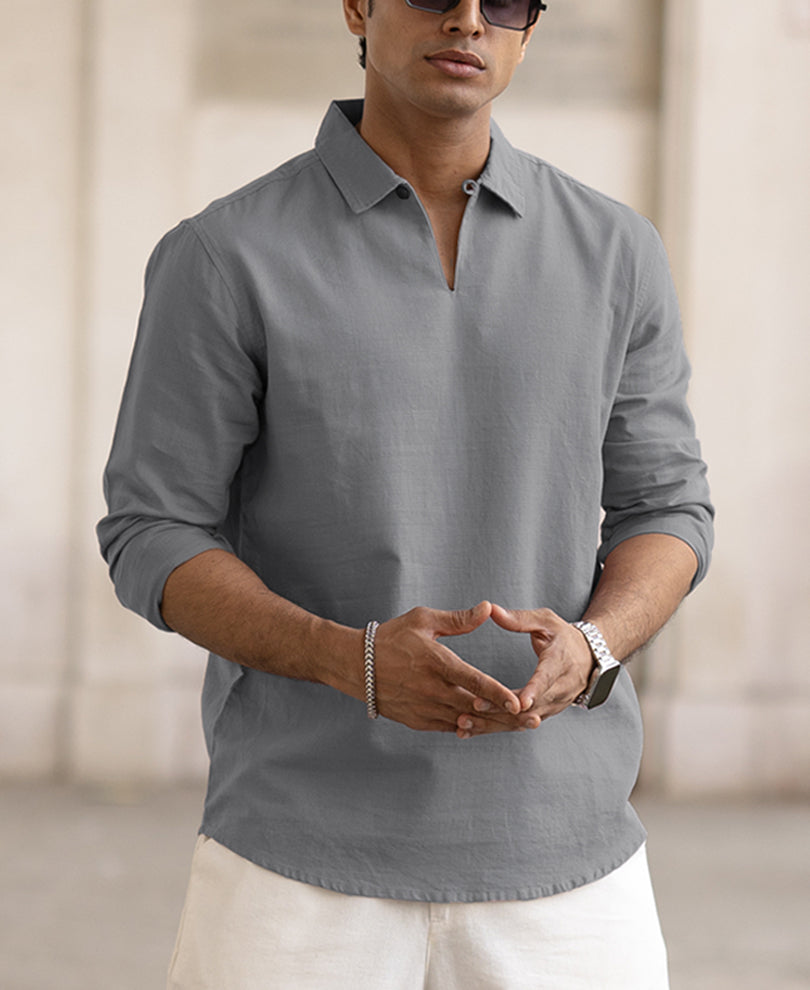 Grey Kurta Style Regular Fit Full Sleeves Shirt