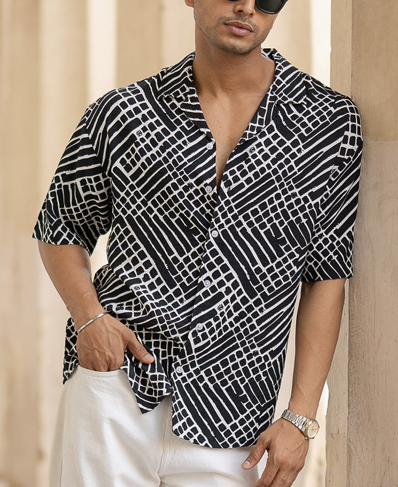 Black Printed Half Sleeves Oversized Shirt