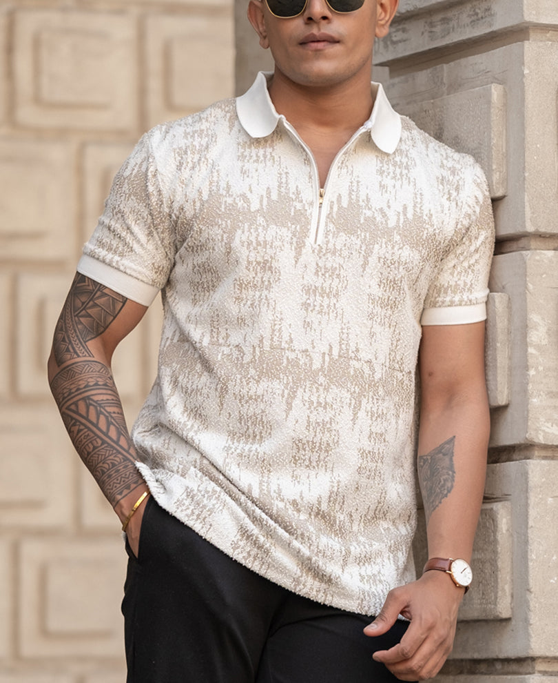 Beige Regular Fit Quarter Zip Polo T-Shirt