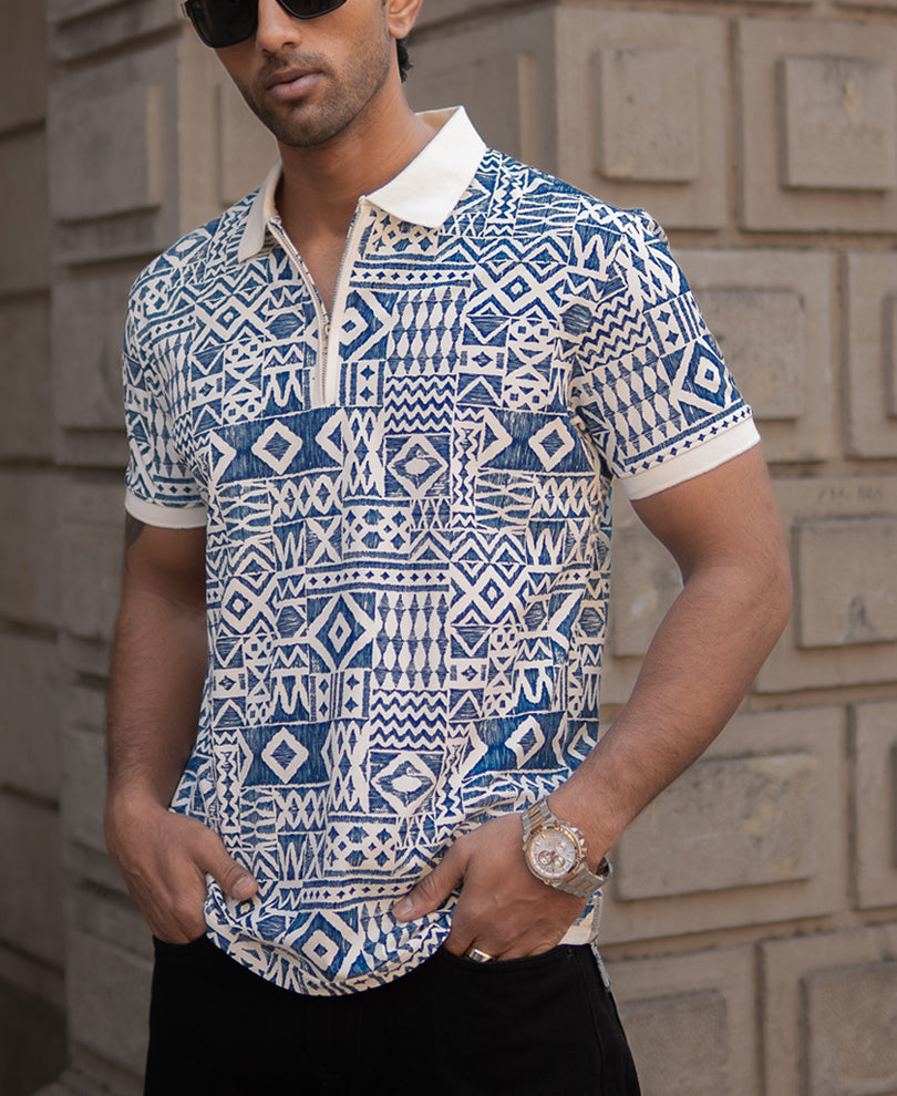 Blue Geometric Print Polo T-Shirt.