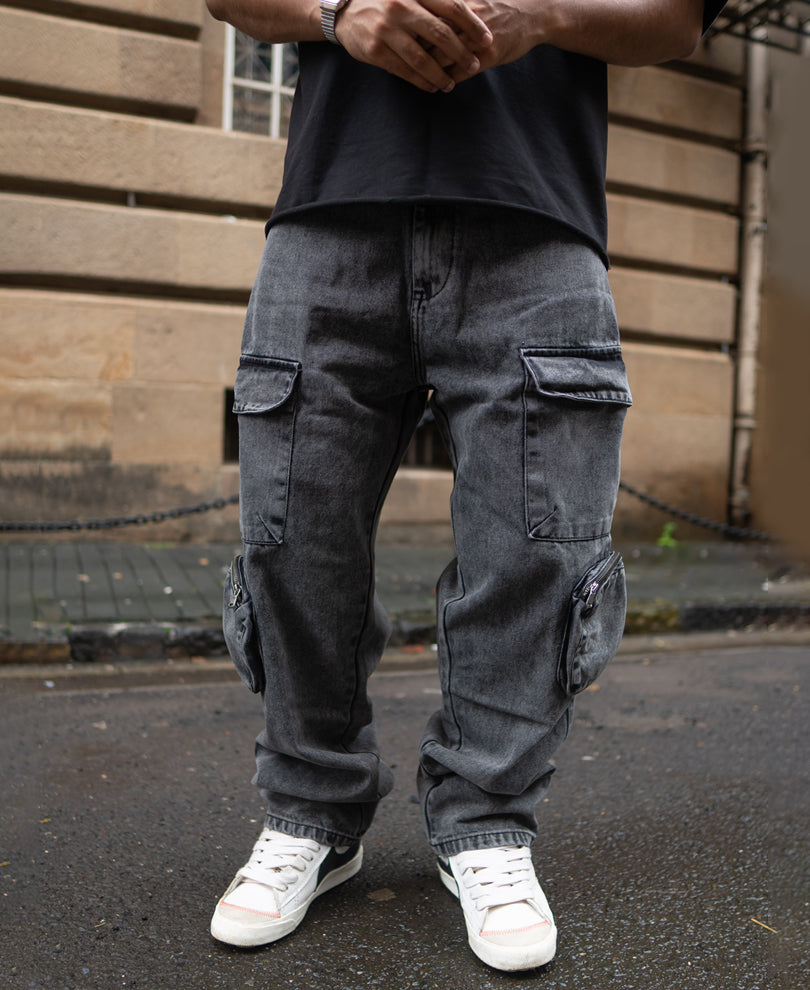 Carbon Black Baggy Fit Cargo Jeans