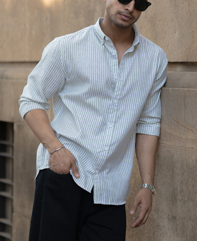 Green And White Stripes Regular Fit Full Sleeves Shirt