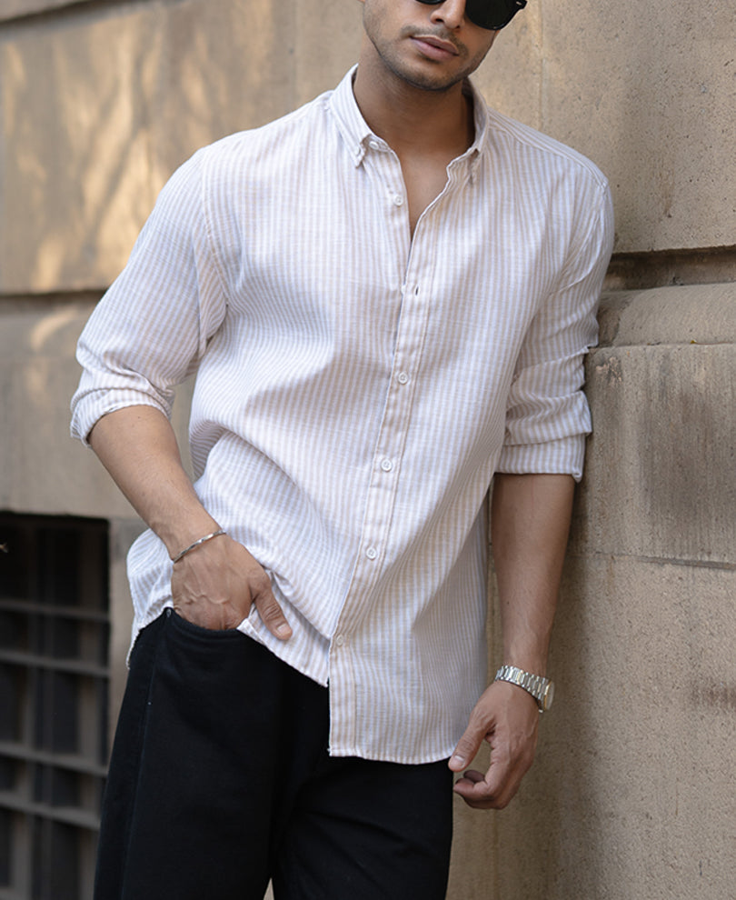Cream And White Stripes Regular Fit Full Sleeves Shirt