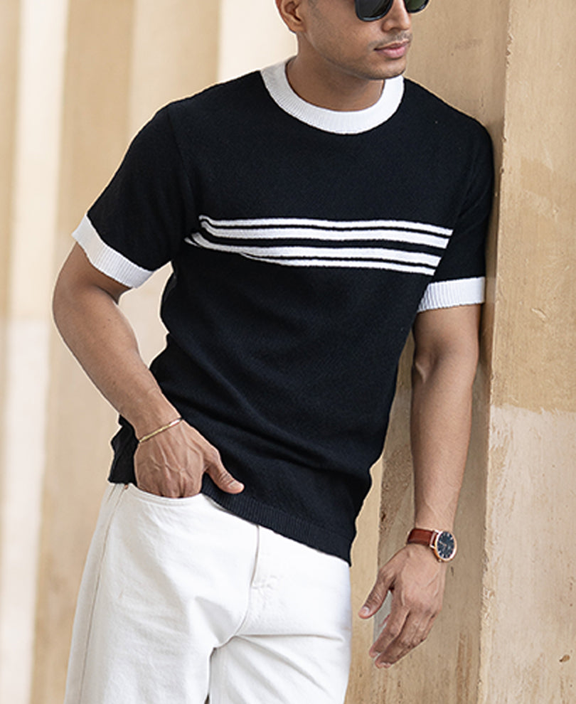 Black Striped Knit T-Shirt