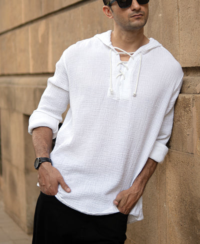 White Crinkled Hooded Shirt