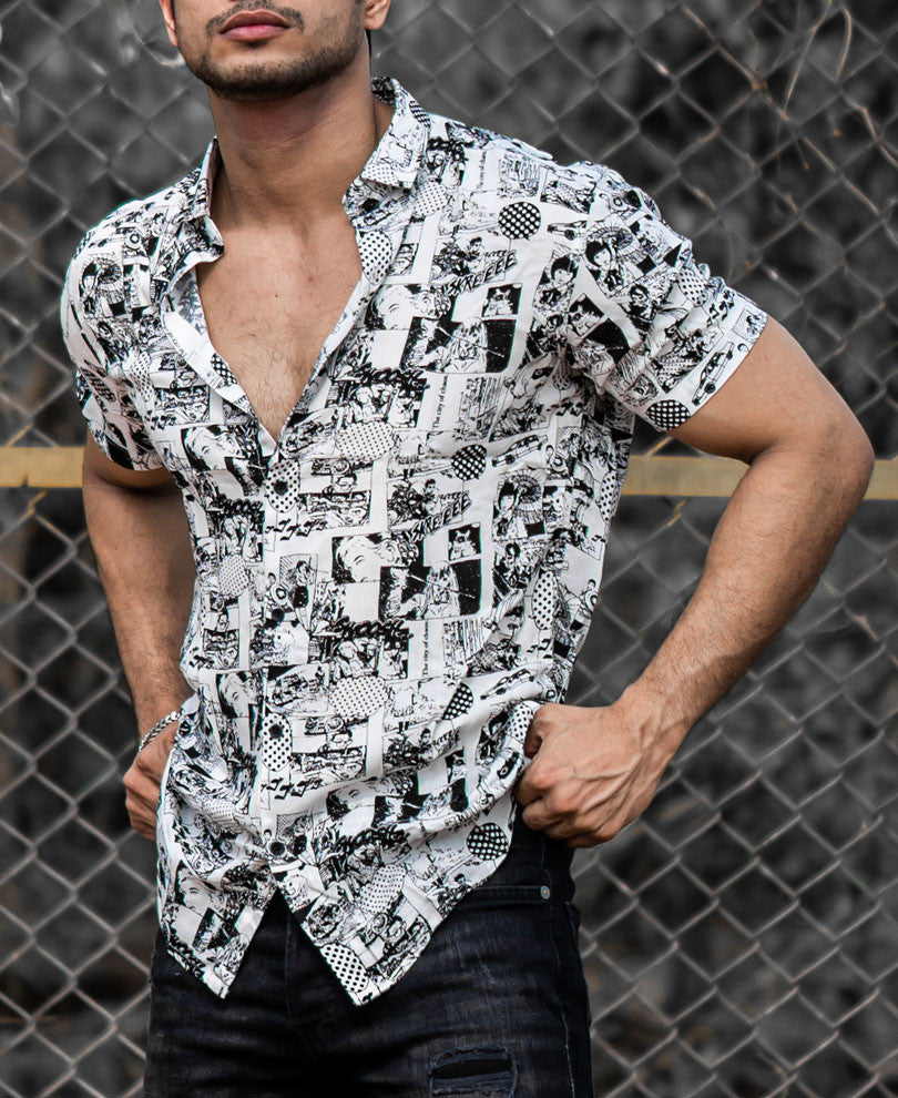 White Comic Print Half Sleeves Shirt