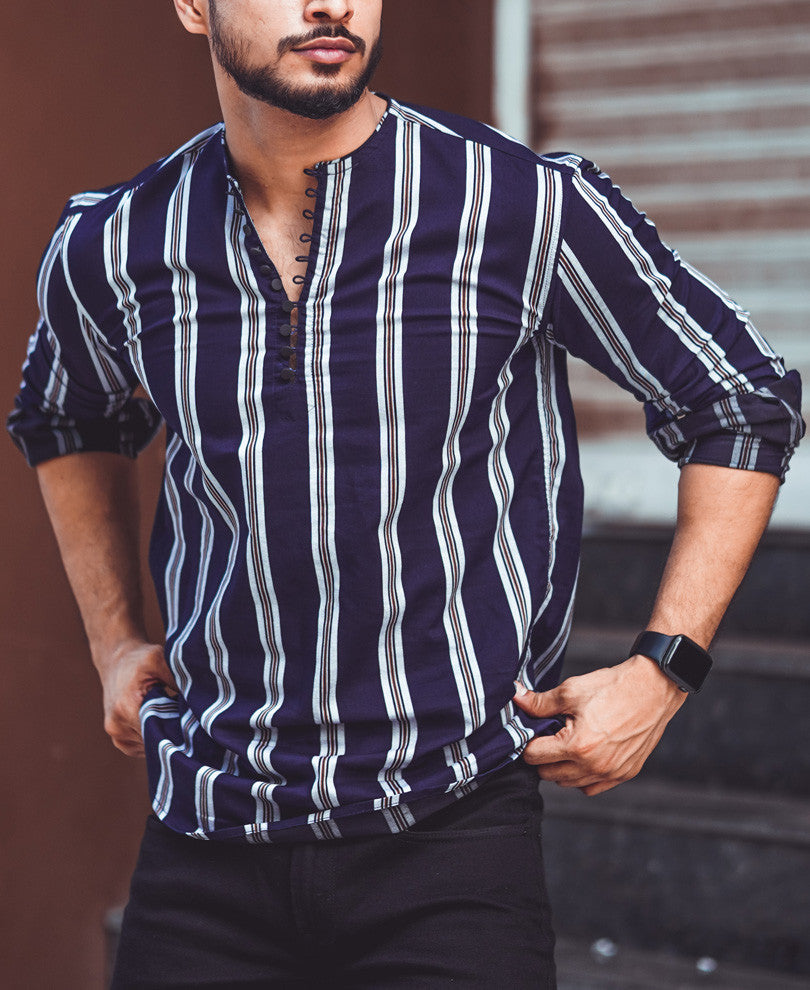Navy Blue Vertical Stripe Kurta Full Sleeves Shirt