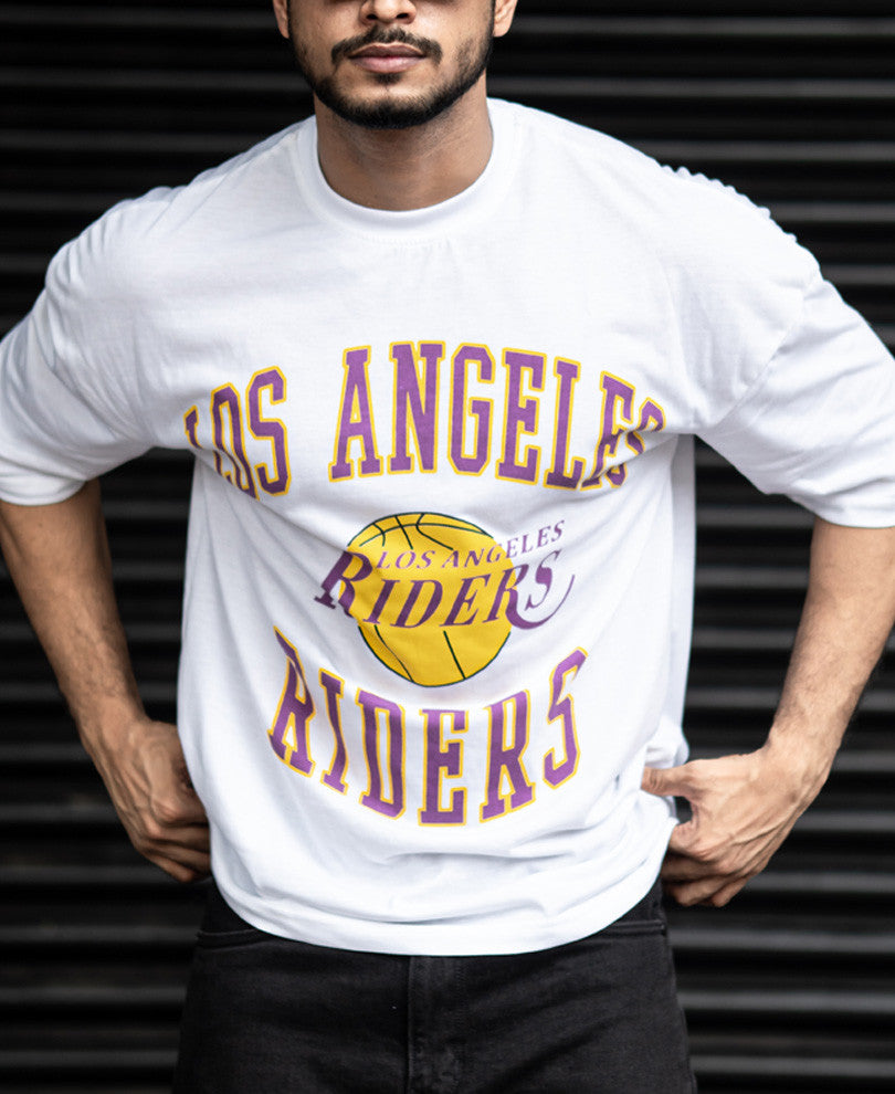 White Los Angeles Riders Print Oversize Drop Shoulder T Shirt