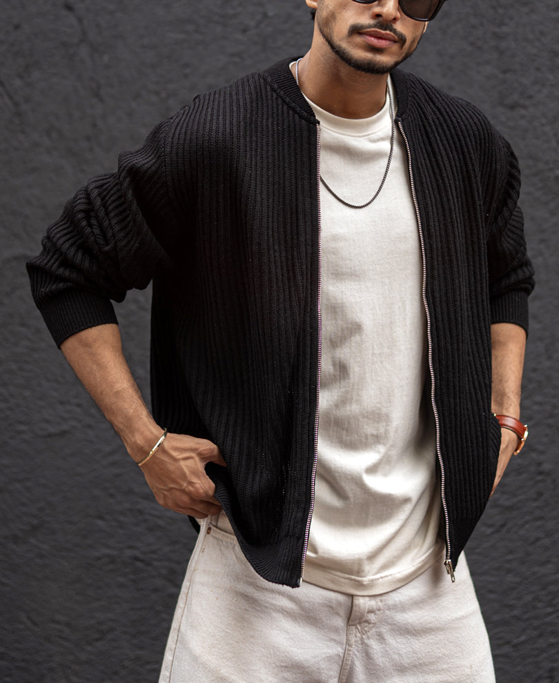 Black Knit Regular Fit Full Sleeves Bomber Jacket