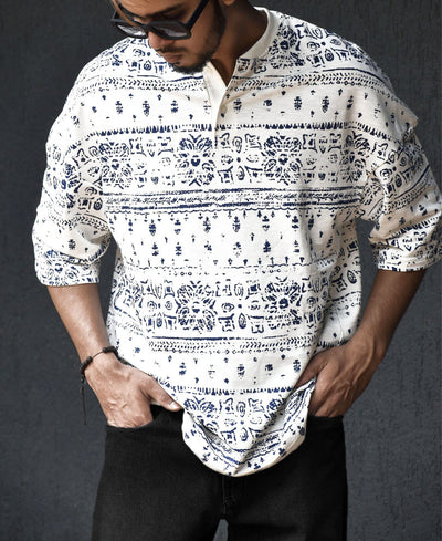 White Ancient Print Henley Oversize Drop Shoulder T Shirt