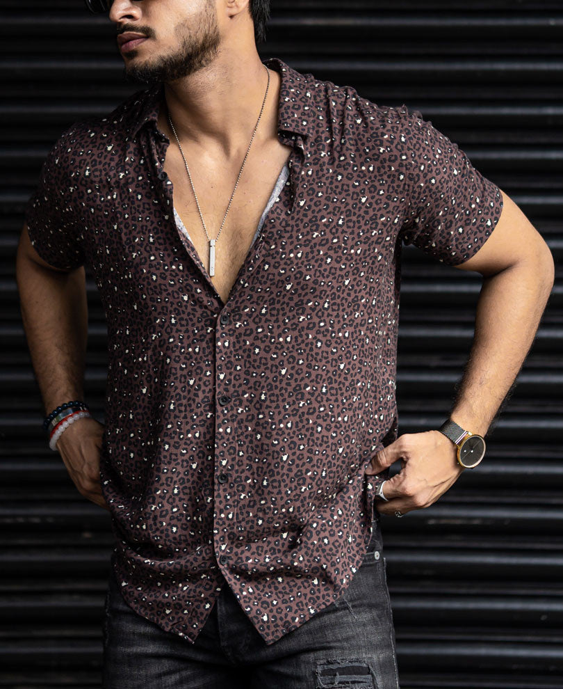 Dark Brown Leopard Print Half Sleeves Shirt