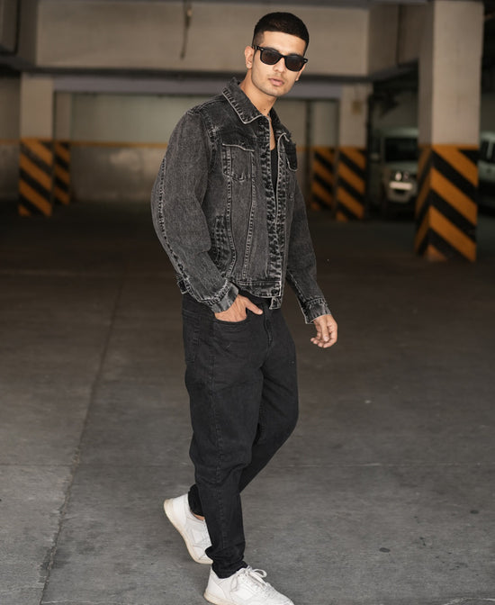 Denim Jackets- Dusty Black Ripped Jackets for Men Online Powerlook