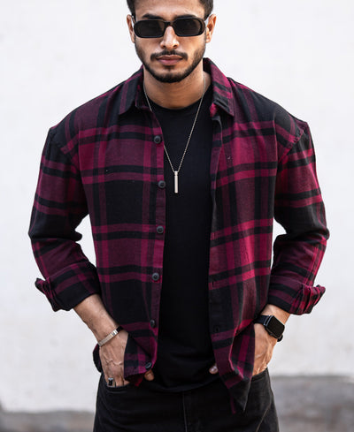Maroon Plaid Checks Oversize Drop Shoulder Shirt