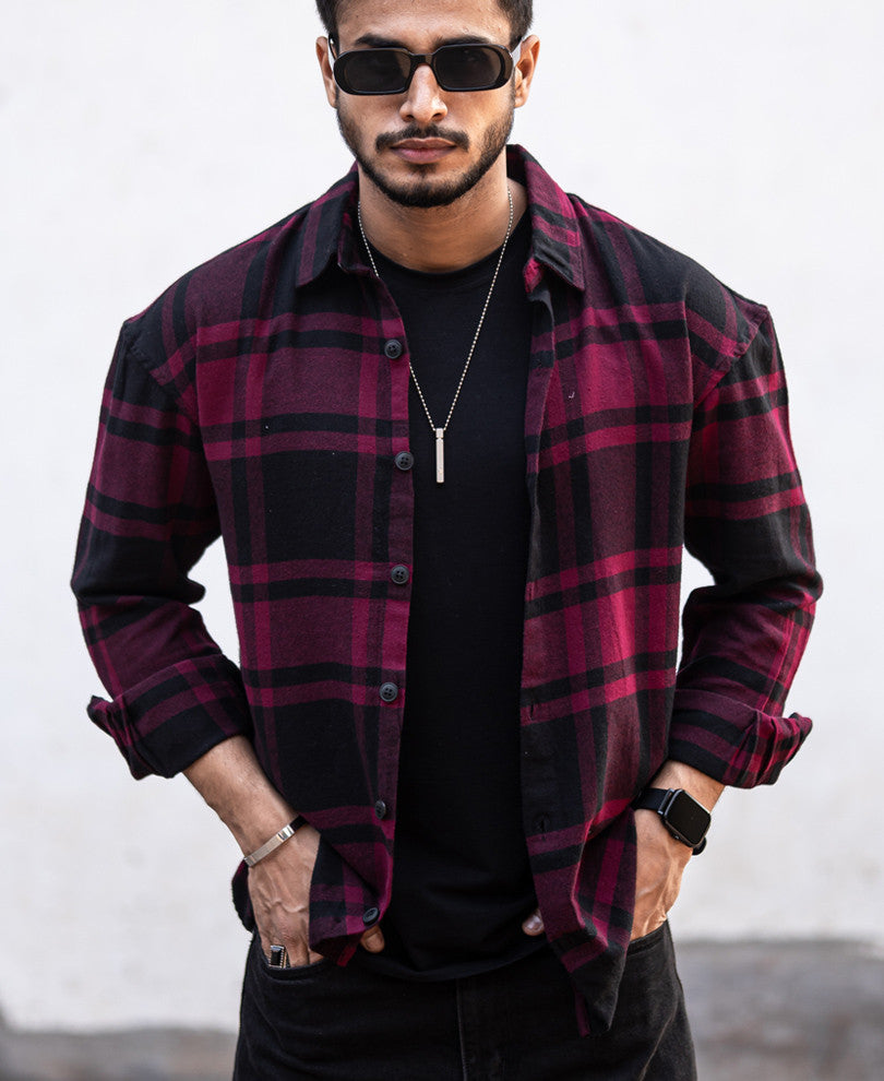 Maroon Plaid Checks Oversize Drop Shoulder Shirt