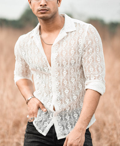 White Sheer Pattern Full Sleeves Shirt