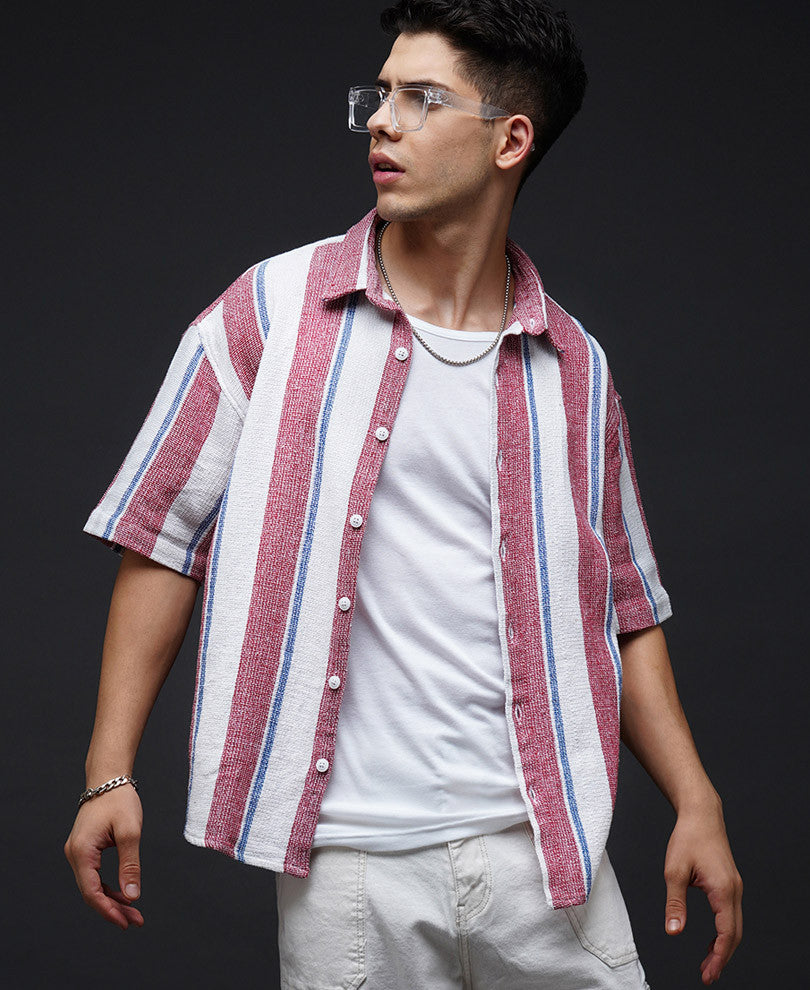 Red Striped Structured Oversize Drop Shoulder Shirt