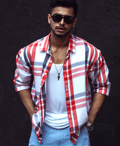 White And Red Checks Oversize Drop Shoulder Shirt