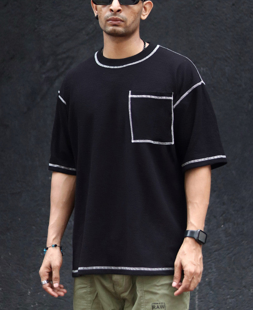 Black Contrast Stitch Oversize Drop Shoulder T Shirt