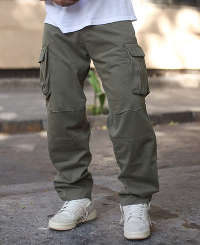 Olive Green Cargo Pocket Baggy Fit Jeans
