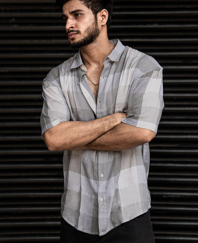 Light Grey Checks Oversize Drop Shoulder Shirt
