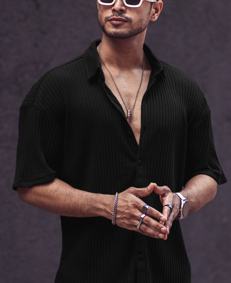 Black Rib-Knit Oversize Drop Shoulder Shirt