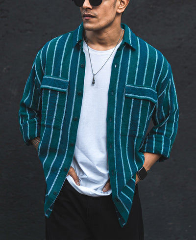 Green and Blue Structured Shacket Striped Oversized Shirt