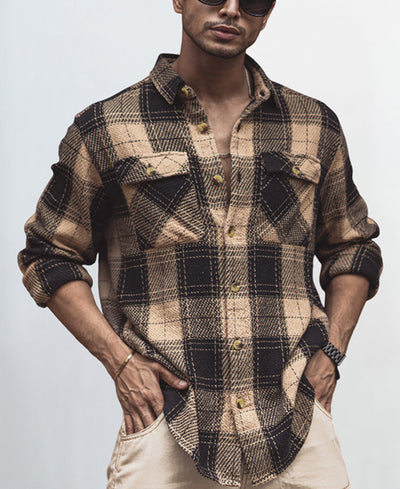 Beige & Black Checked Regular Fit Full Sleeve Overshirt