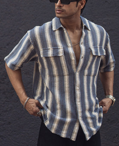 Sky Blue and White Crochet Striped Oversized Shirt