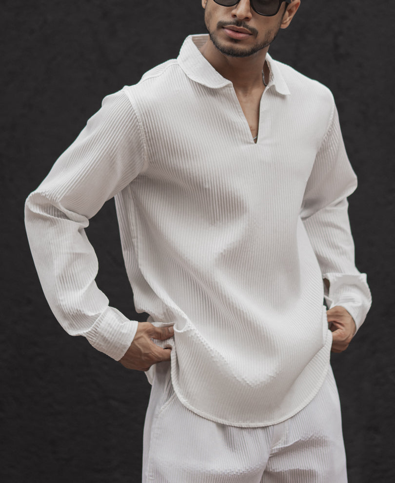 White Structured Regular Fit Full Sleeve Kurta Style Shirt