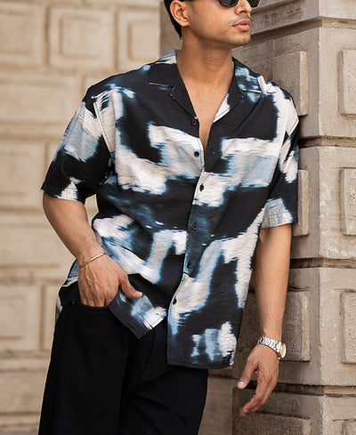 Black Abstract Cuban Printed Oversized Half Sleeves Shirt