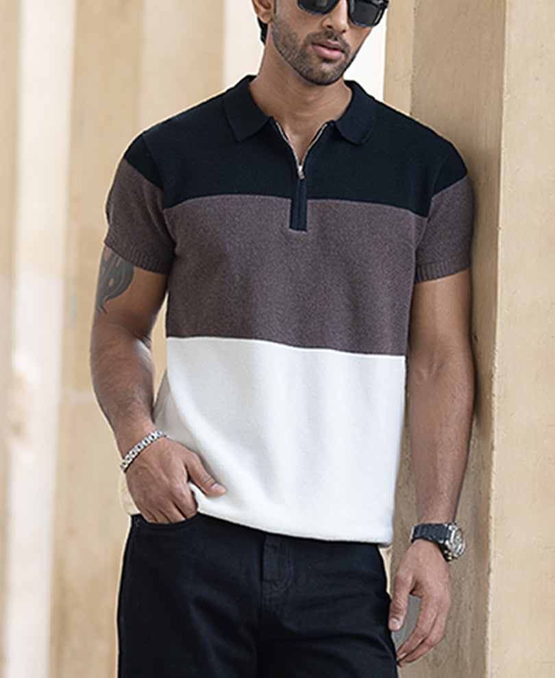 Colour Blocked Zipper Polo T-Shirt