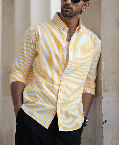 Yellow And White Stripes Regular Fit Full Sleeves Shirt
