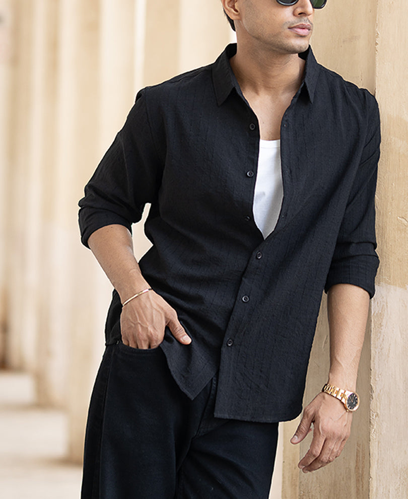 Black Striped Flowy Regular Fit Shirt